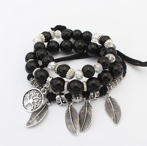 Europe and America retro life tree leaves multi-layer bracelet female hand-made glass beads