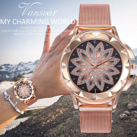Fashion Women Rose Gold Flower Rhinestone Wrist Watches Luxury Quartz