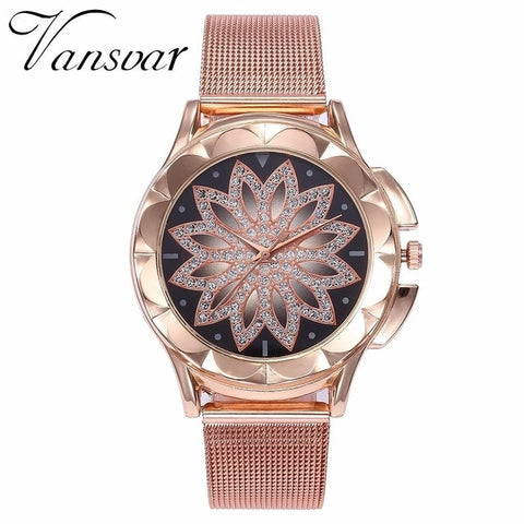 Fashion Women Rose Gold Flower Rhinestone Wrist Watches Luxury Quartz